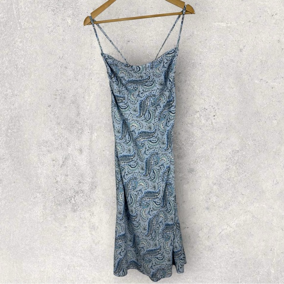 Into Blue Floral Tie Back Drape Front Floral Midi‎ Dress Womens Size 12 Lined - Picture 13 of 14